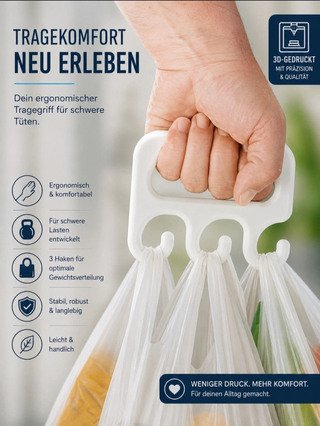 Ergonomischer Tragegriff für Einkaufstüten | Einkaufshilfe | Für schwere Taschen