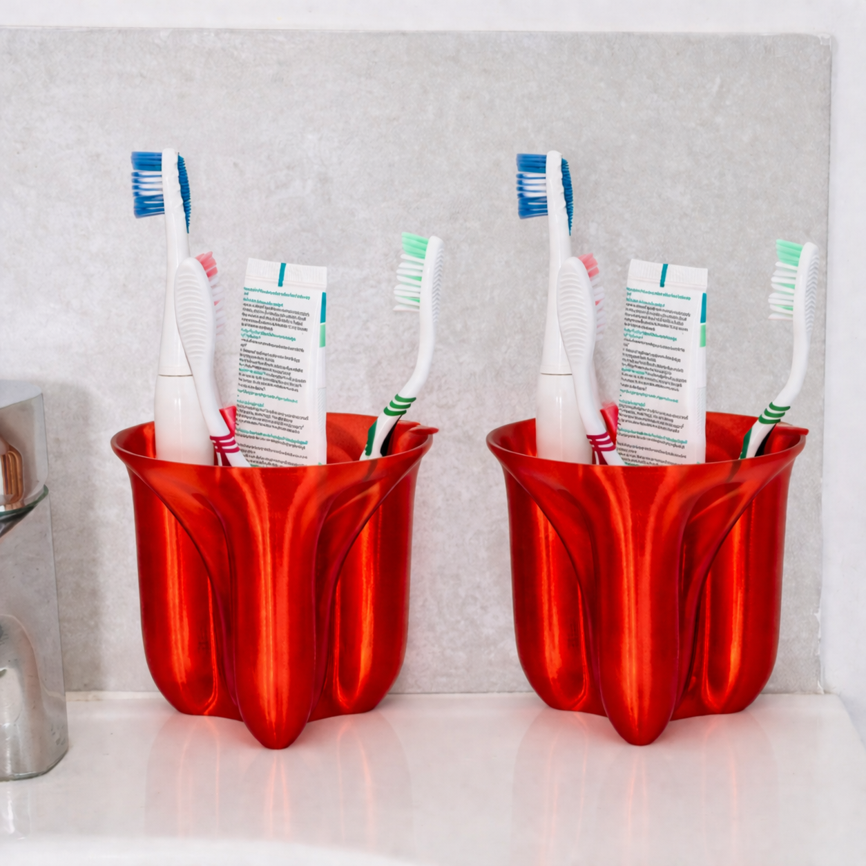 Zahnbürsten Becher Rot modern | Bad Becher für Zahnbürste & Zahnpasta | Set 2x
